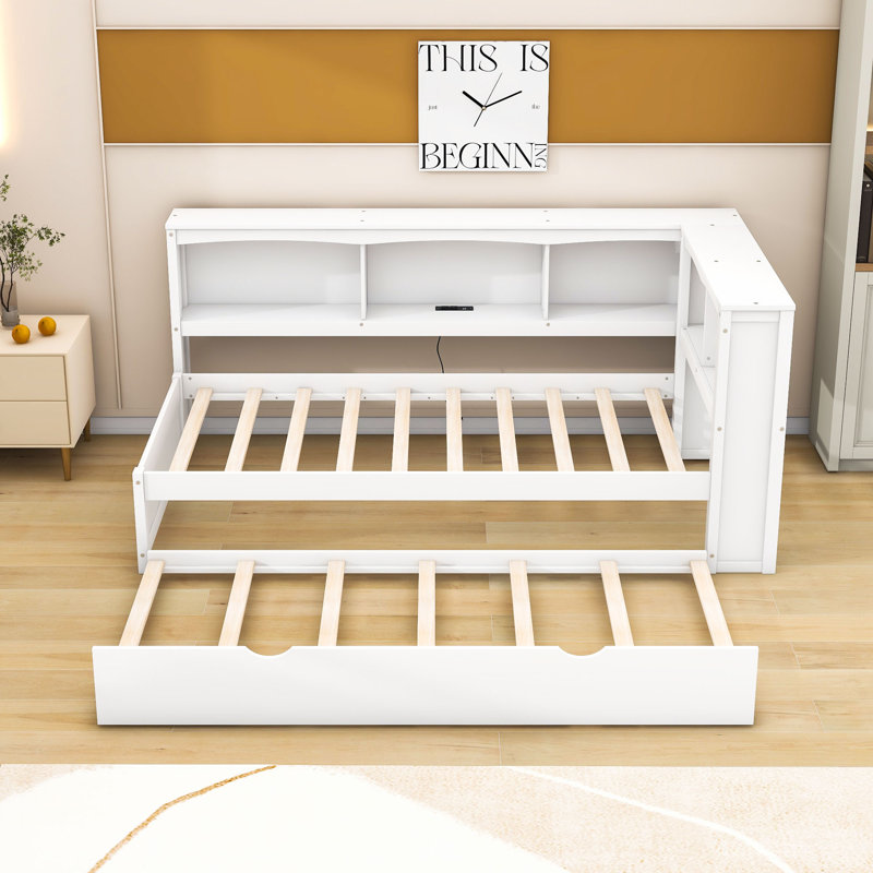 Dowelltown Twin Wood Daybed with Twin Size Trundle, Cabinets and USB Ports, White