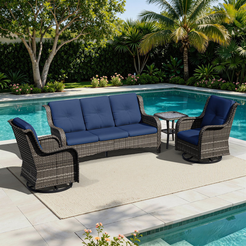 Solene Wicker 5 - Person Patio Conversation Set with Cushions, Navy Blue