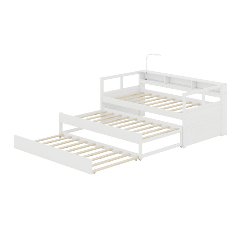 Wood Daybed With 2 Trundles, Storage Shelves, 1 Light For Free And USB Charging Design, White