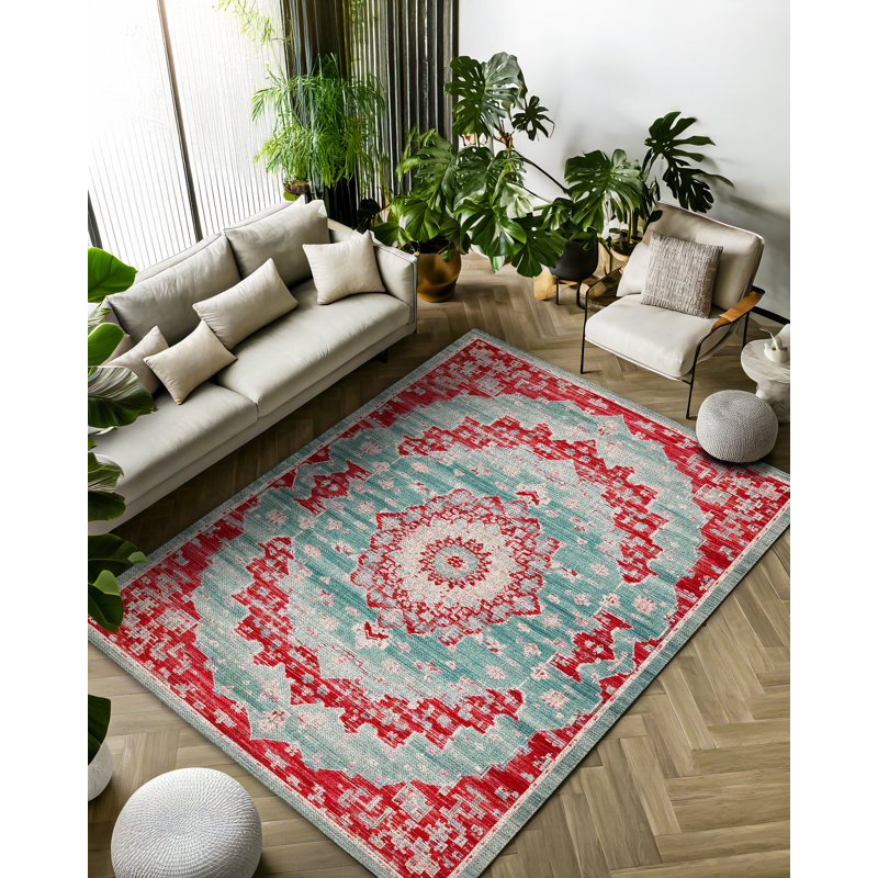 Motto Blue Oriental Machine Printed Cotton Polyester Area Rug, Round 2'8"