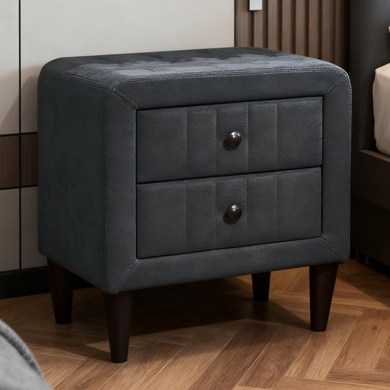 Table de chevet 2 tiroirs gris anthracite en lin brossé | Rangement élégant pour la chambre à coucher, Gris anthracite