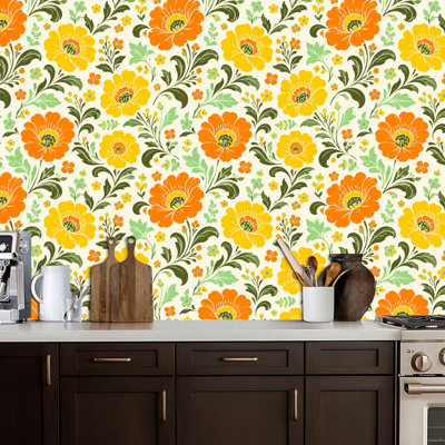 Papier peint auto-adhésif à grande échelle à motif floral de style rétro années 70