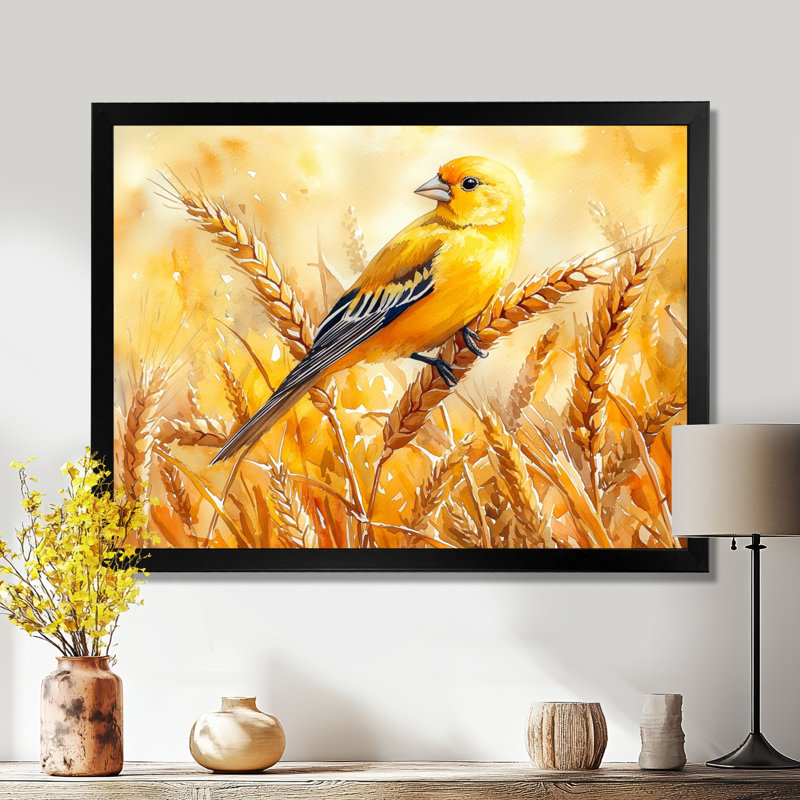 Chardonneret dans le champ de blé II - art mural oiseau pour le salon, H 12 po x l 20 po, Cadre simple, Noir