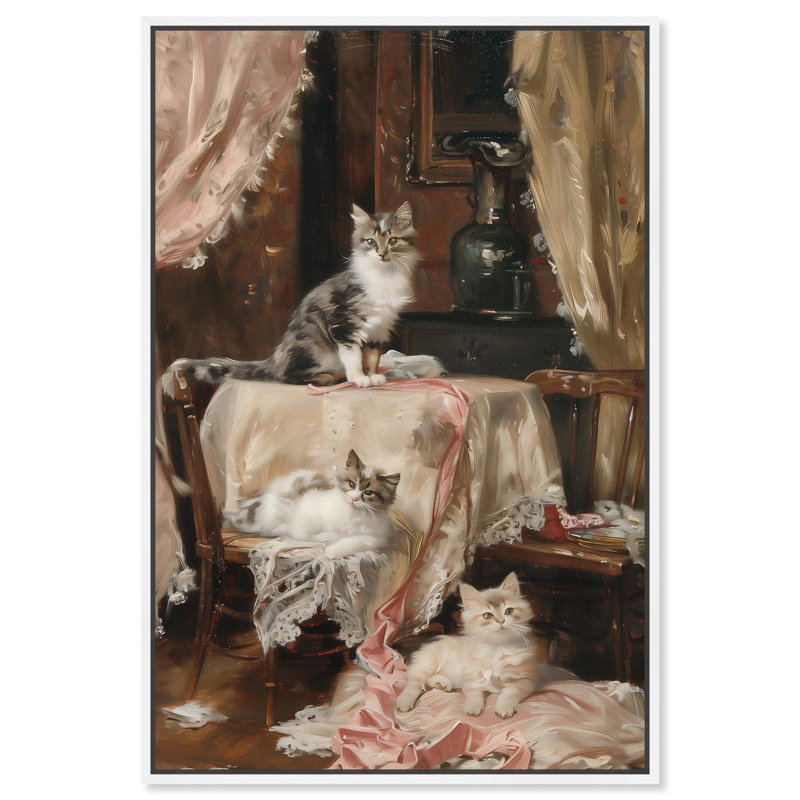 «Kittens at the Table» par Art Remedy, H 16 po x l 11 po, Cadre flottant, Blanc
