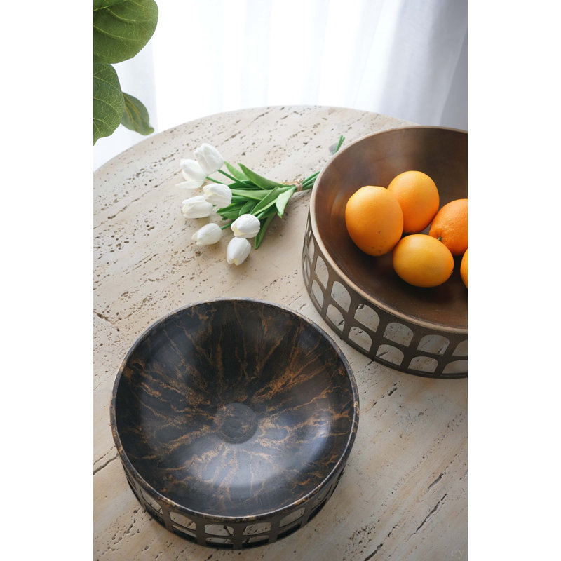 S / 2 plateaux ronds en fer avec finition noire et dorée, L 4,7 po x P 15,2 po x H 15,2 po