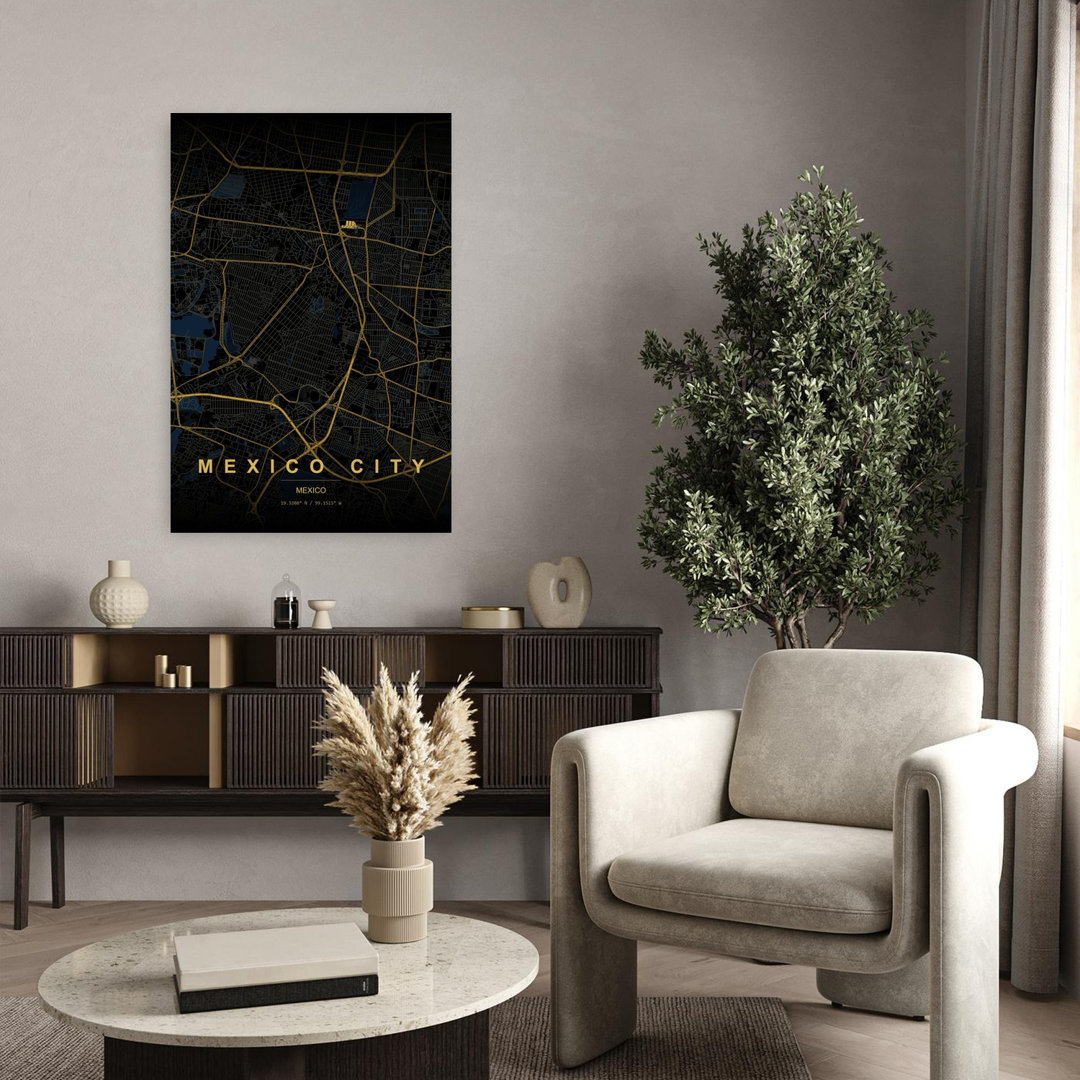 Golden Mexico City Map Abstract Minimalist Modern City Wall Art Print