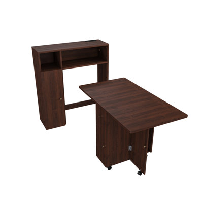 Folding Dining Table With Sideboard & Braking Function, Material, Walnut Color, Small Space Multifunctional Socket, Foldable For Saving,