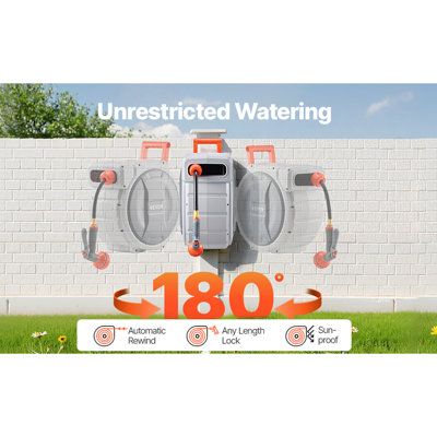 Retractable Garden Hose Reel, 1/2 Inch x 84 ft, Wall Mounted, Heavy Duty Garden Hose Reel with 9 Patterns Nozzle, Any Length Lock, Upgraded Slow Return System and 180°Swivel Bracket