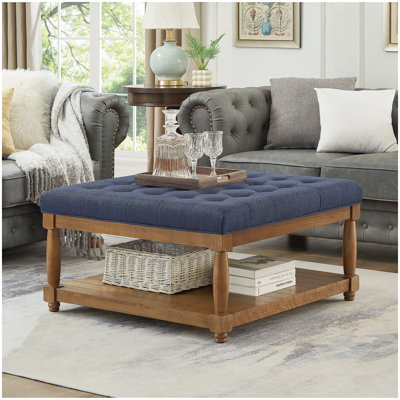 Large Square Upholstered Tufted Linen Ottoman Coffee Table, Large Footrest Ottoman with Solid Wood Shelf- Navy Blue