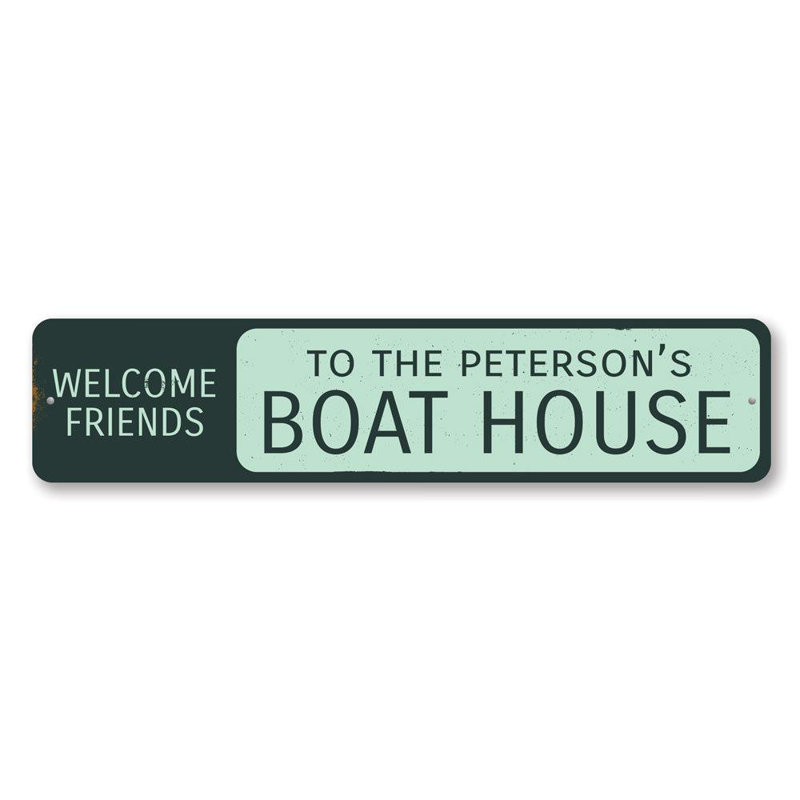 Plaque en aluminium Welcome Friends Boat House, H 6 po x l 24 po x P 0,063 po
