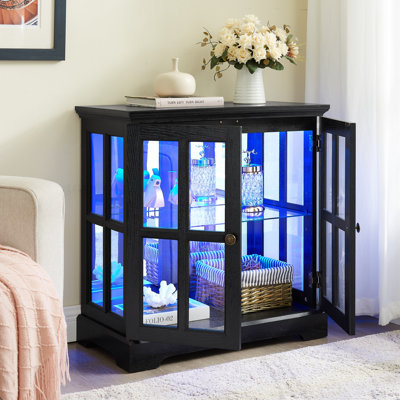 Vitrine 32 po en verre avec lumières DEL contrôlées par téléphone intelligent, buffet Buffet avec portes en verre et tablettes réglables, petite armoire de rangement pour objets de collection, salon, appartement