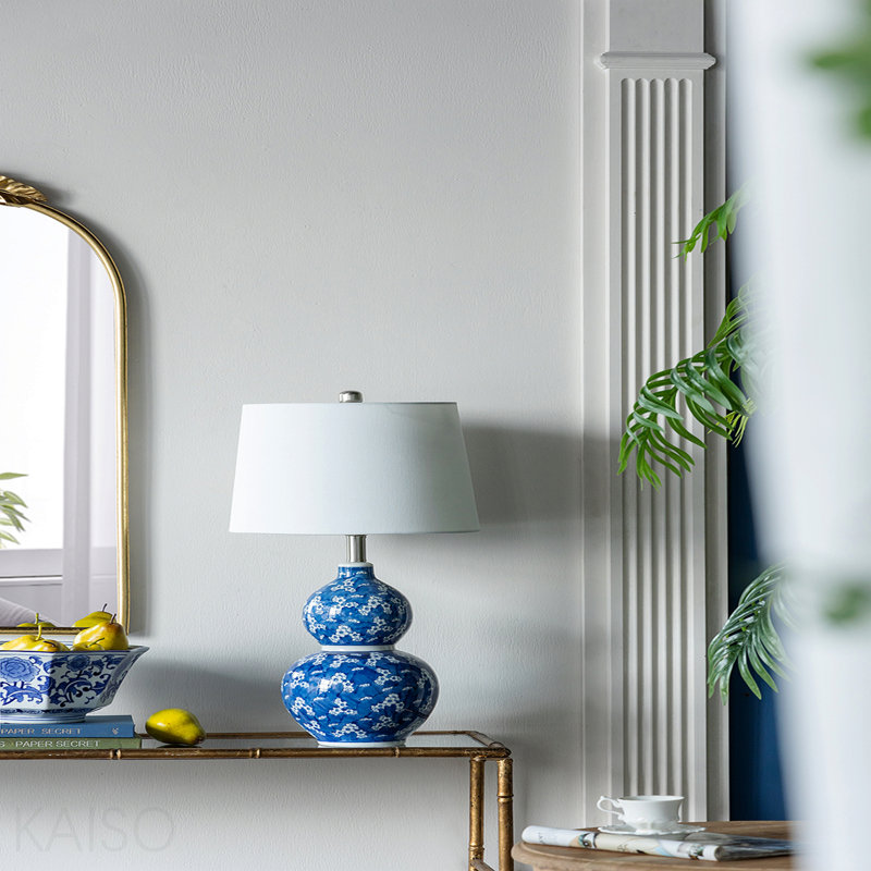 D13x25.7" Blue And White Round Two-Tiered Ceramic Vase Lamp