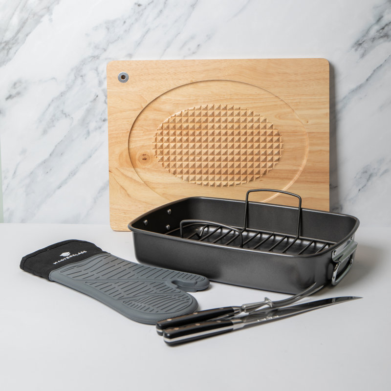 5pc Roasting Set with Roasting Tin & Rack, Carving Fork & Knife, Carving Board, Silicone Oven Glove