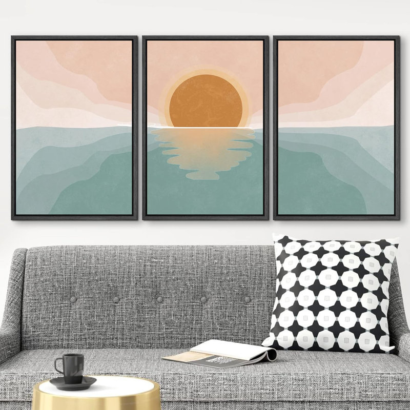 «Pastel Mountain Range Forest Dawn», reproduction sur toile 3 pièces, H 36 po x l 72 po, Toile avec cadre flottant, Black