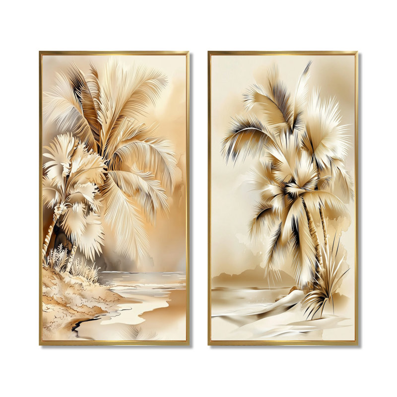 «Maui's Beach Tropical Palms Landscape I - Palm Trees», ensemble d'art mural, H 32 po x l 32 po, Cadre flottant doré