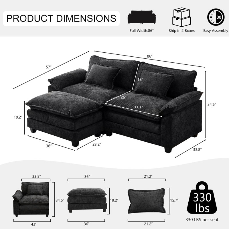 Gillina Upholstered Sectional Reversible, Black