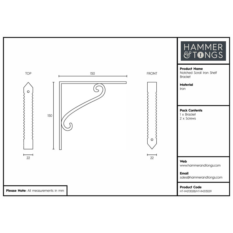 Hammer & Tongs - Notched Scroll Iron Shelf Bracket, Black, 15cm H x 2cm W x 15cm D