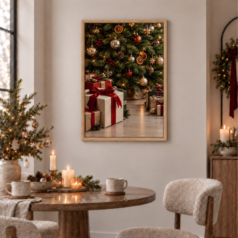 Arbre vert avec des cadeaux rouges et des décorations dorées, art mural de Noël, H 48 po x l 36 po