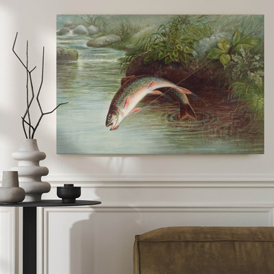 Framed Canvas Wall Art, Trout leaps from a stream, hooked by a fishing line, Realistic watercolor painting. Wall Decor, Large Artwork for Living Room Bedroom, Ready to Hang, 36x24Inch
