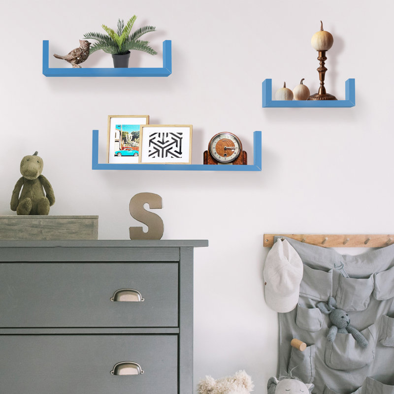 Keokee 3 Pieces U Shaped Floating Float Shelves Glossy Matte Finish Easy Mounted Wall Shelves, Blue