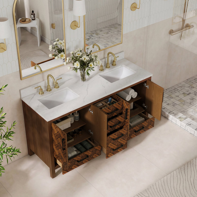 Meuble-lavabo double 60 po entièrement assemblé avec prise intégrée, tiroirs à fermeture en douceur et structure en bois massif