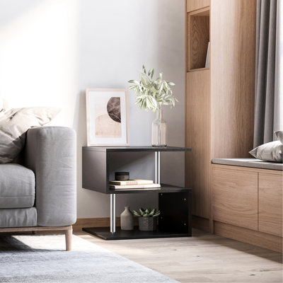 Table basse noire en forme de S de 20 po avec rangement, style élégant, tablette de rangement durable en acier