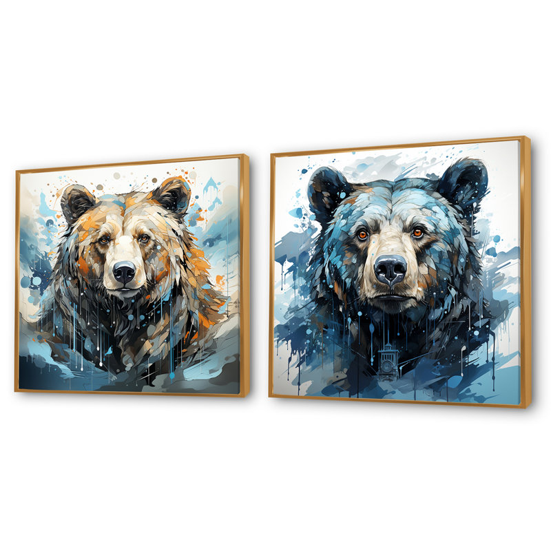 Représentation abstraite d'un mouvement d'ours - ensemble de 2 animaux, Cadre flottant doré, H 16 po x l 33 po