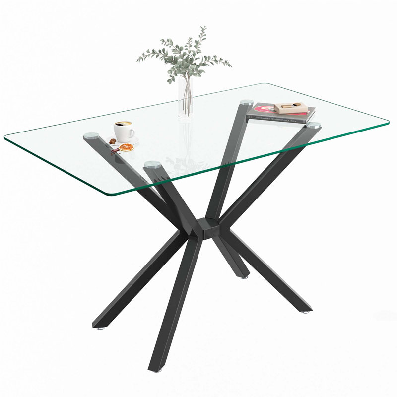 47.24" Rectangular Clear Tempered Glass Dining Table, Black