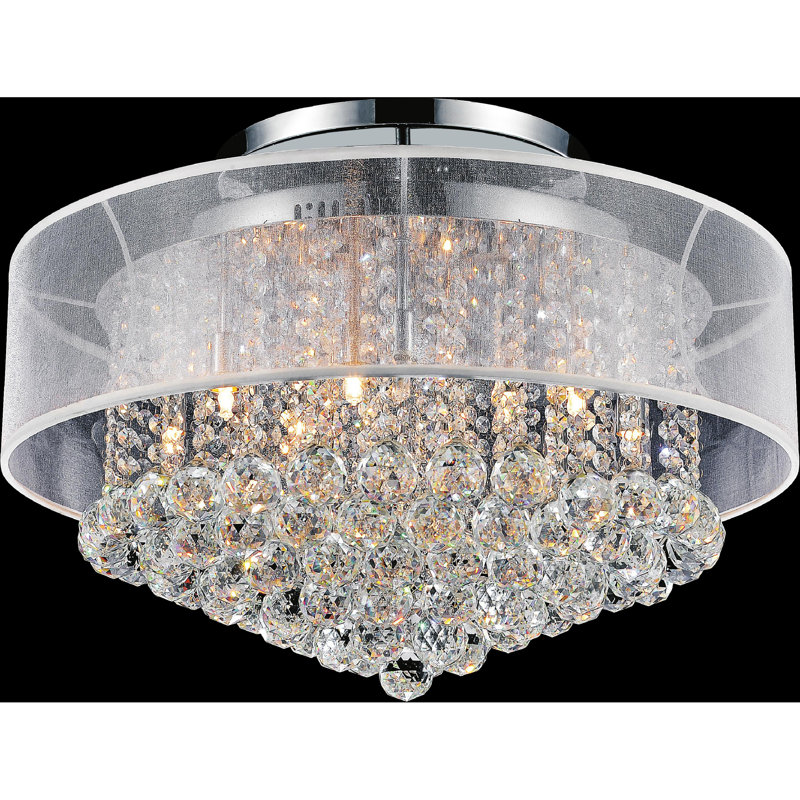 24-Inch 12 Light Flush Mount Crystal Chandelier – Compact Ceiling Light Fixture with Sparkling White Crystal Shade