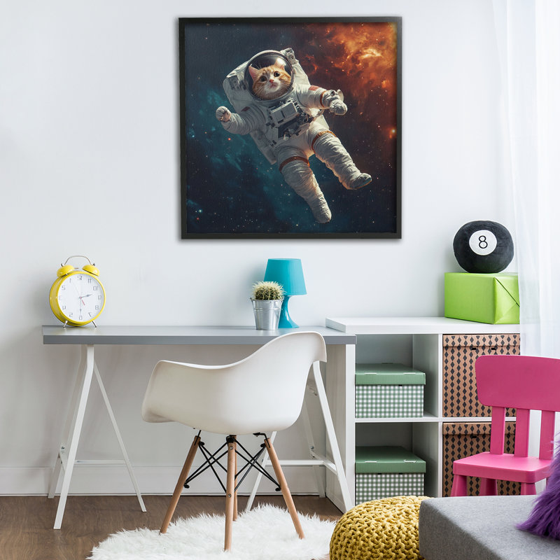 «Interstellar Cat Astronaut», giclée encadrée, conception par Jim Baldwin, Giclée encadrée noir minuit, H 24 po x l 24 po