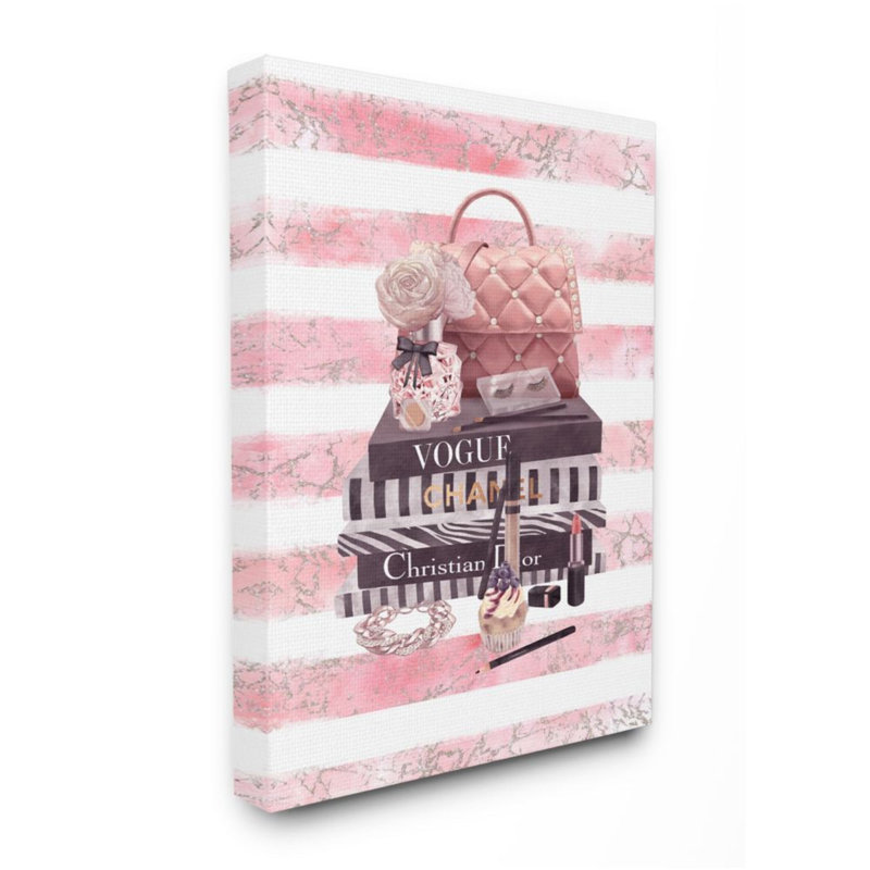 " Pink Quilted Purse Fashion Books Distressed Stripes " by Ziwei Li, 30" H x 24" W x 1.5" D, Wrapped Canvas