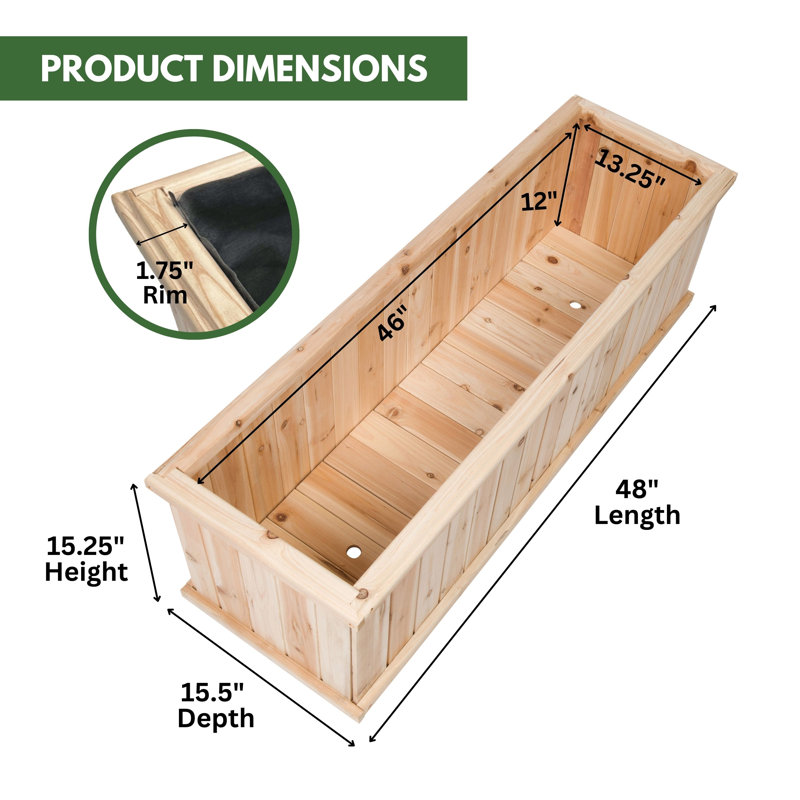 Boîte à fleurs en bois pour jardin, H 15,25 po x l 48 po x P 15,5 po
