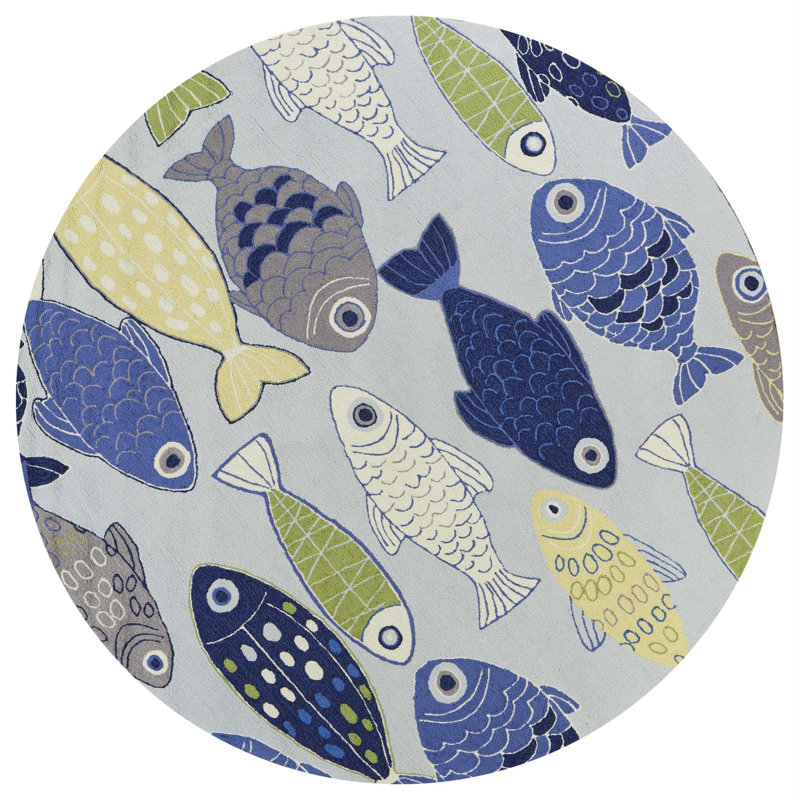 Petetia Blue and Ivory Fish Hand Tufted Area Rug, Round 7'