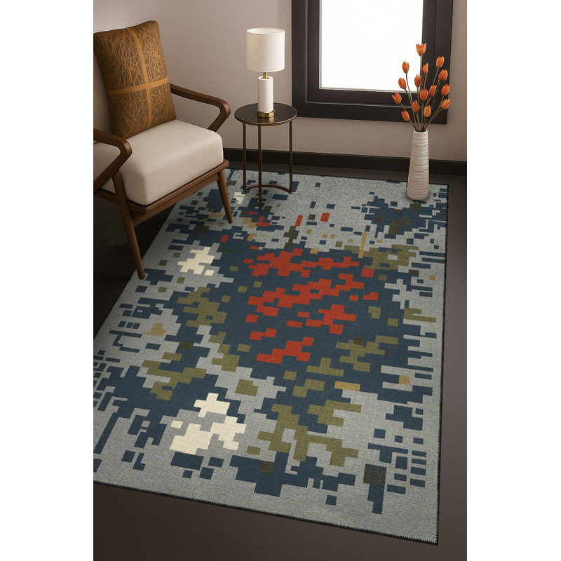 Tapis bleu tissé lavable rétro Mosso, 6'7" x 9'10"