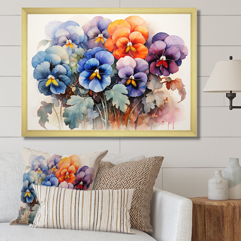 Vibrant coloré Pansy Medley sur impression sur toile, Encadrement doré, H 16 po x l 32 po x P 1 po
