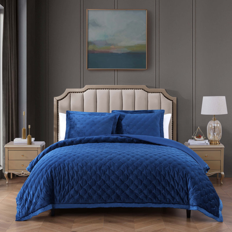 Bebejan 3 Piece Velvet Comforter Set, Navy, King