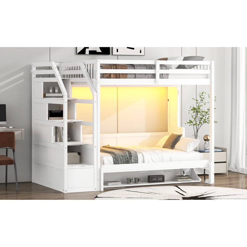 Lit mezzanine double TG avec escalier de rangement fonctionnel, lit, structure à DEL et en pin pliable