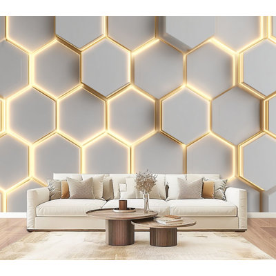 Futuristic 3D Peel and Stick Wallpaper Luxury Honeycomb 3D Wall Soft Warm Lighting Wall Murals 69"H x 96"W Removable PVC Wall Paper Self-Adhesive Wall Decor for Bedroom Living Room Home Office