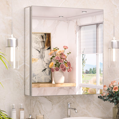 Rectangle Frameless Aluminum Full Mirrored Tempered Glass Medicine Cabinet Surface&Recessed Mount with 2 Shelves