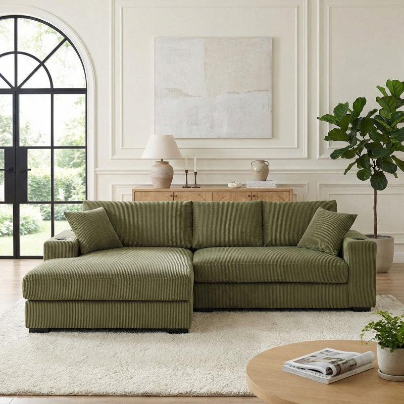 Grand canapé modulaire avec coussins épais et porte-gobelets intégrés et ports de chargement, Vert