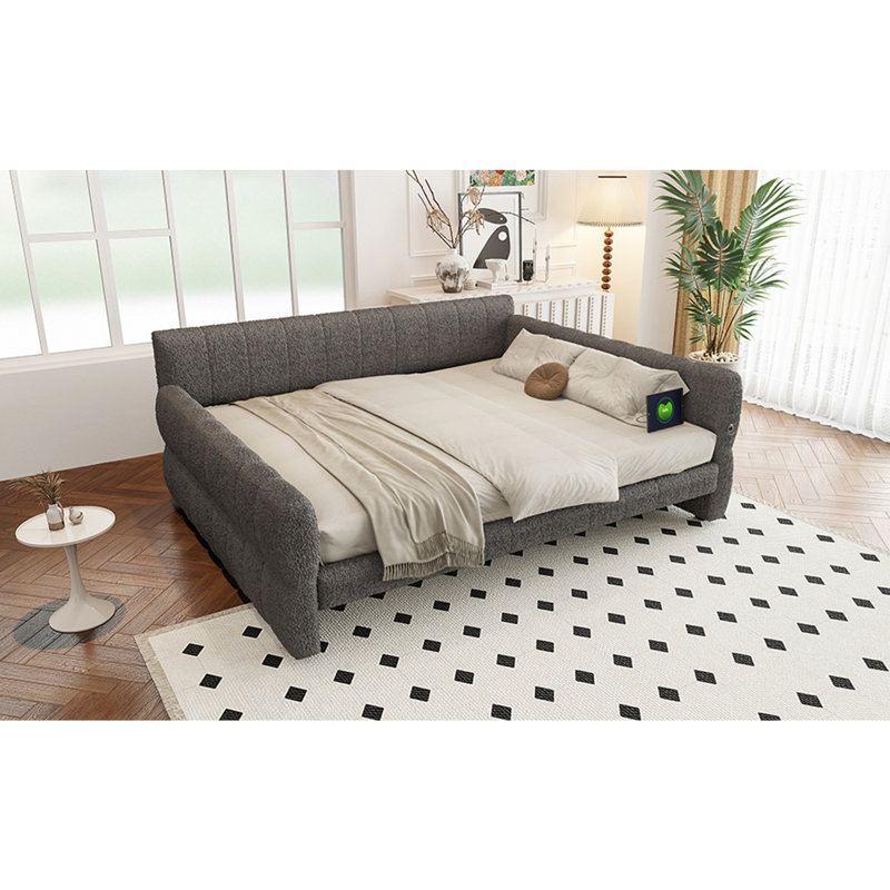 Très grand lit plateforme tapissier avec port USB, gris