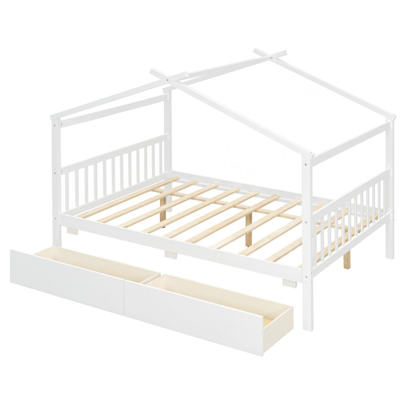 Lit double en bois avec tiroirs, Blanc, Double