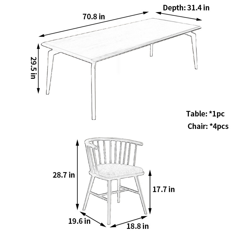 Table à manger et chaise en bois massif Classic Vintage, 29.5"H x 70.8"L x 31.4"W, 5