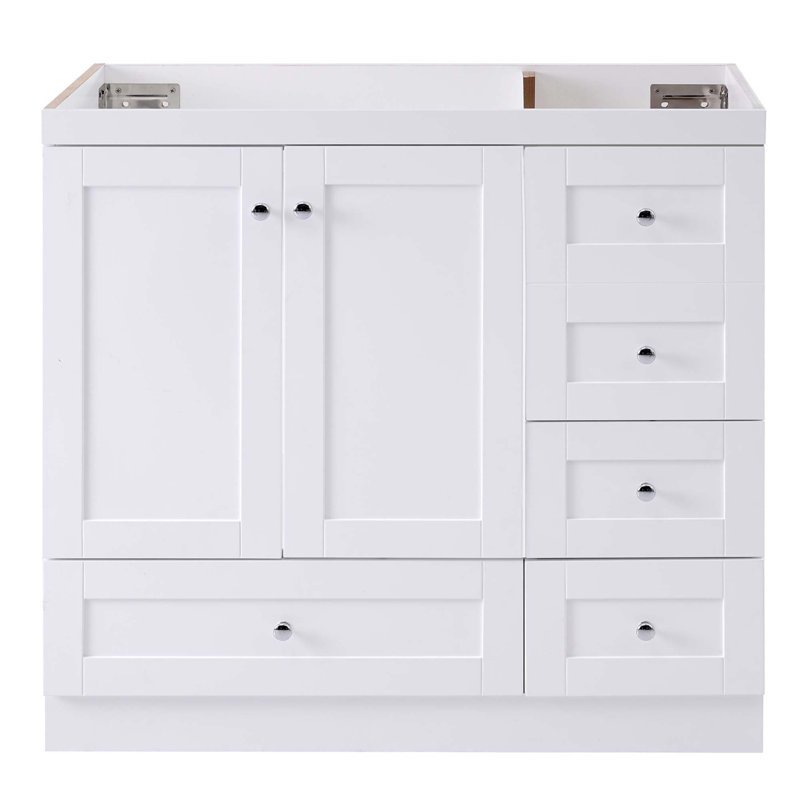 Ce meuble-lavabo de 36 po avec 4 tiroirs et deux solutions de rangement spacieuses comprend 3 tailles de tiroir différentes et des tiroirs à fermeture en douceur pour plus de commodité (lavabo non inclus)