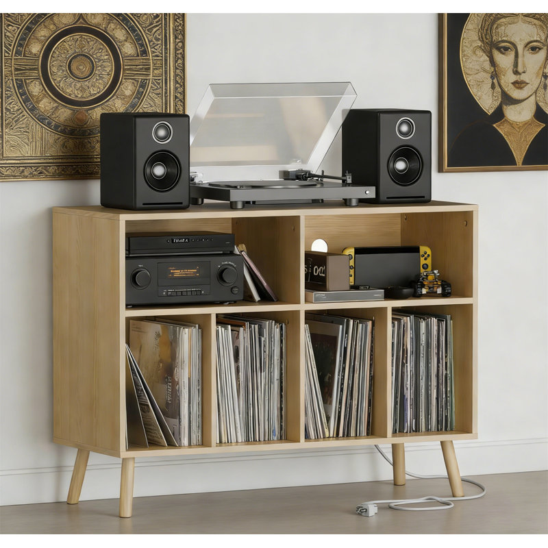 Wood Record Player Stand With Vinyl Storage Cabinet For Up To 350 Albums, Oak, Brown