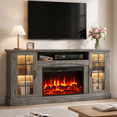 70" Farmhouse TV Stand With Electric Fireplace, Media Entertainment Center Console Table
