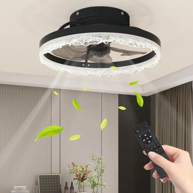 Ventilateur de plafond à DEL décoratif de 16 po, plafonnier encastré moderne avec anneau en acrylique inspiré du cristal, pales cachées, télécommande et contrôle d'application, ventilateur à profil bas à intensité variable pour le salon de la chambre à coucher (noir)
