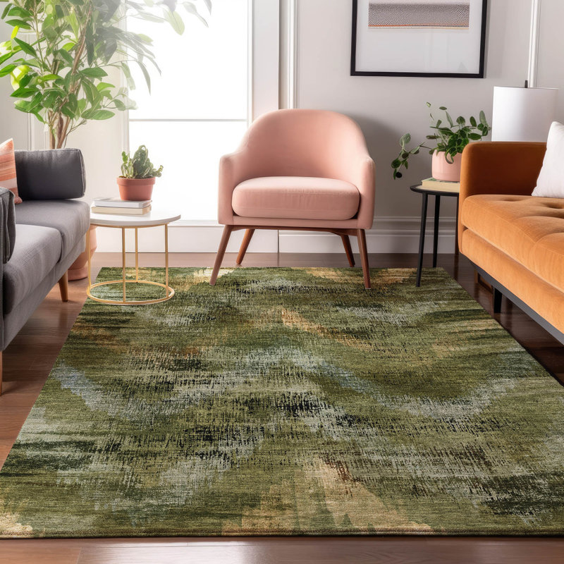 Tapis olive Prisco lavable à la machine de qualité supérieure, Rectangle 5 pi x 7 pi 6 po