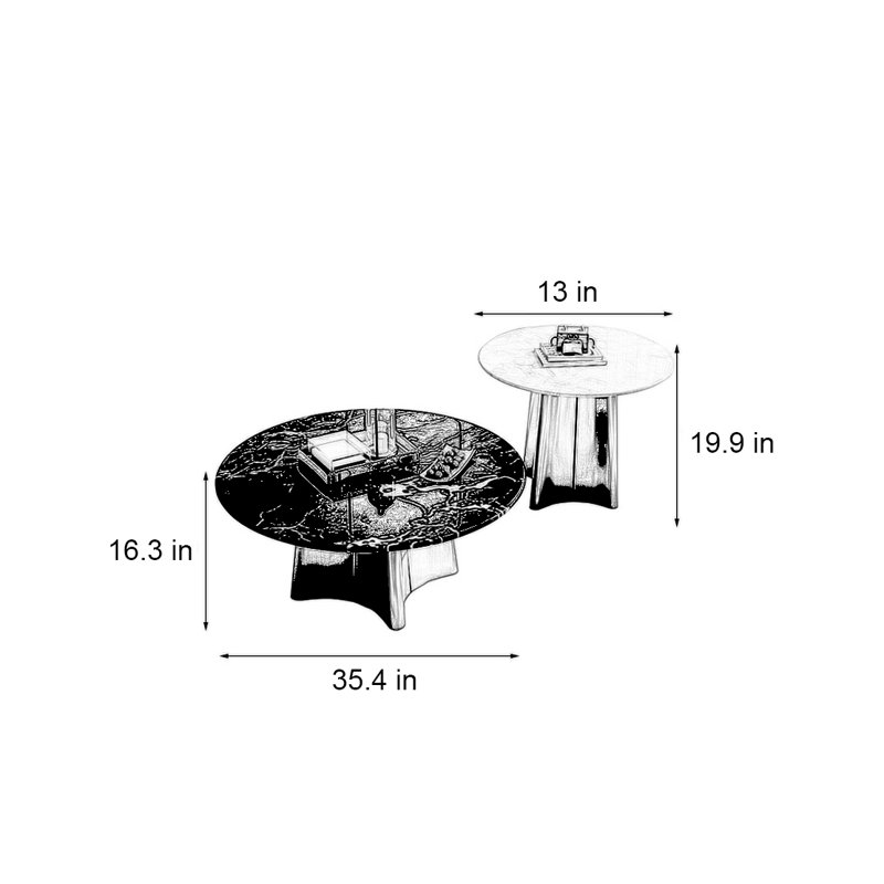 Ensemble de tables basses rondes en pierre de style italien, H 16,3 po x L 35,4 po x l 35,4 po, Blanc / Gris