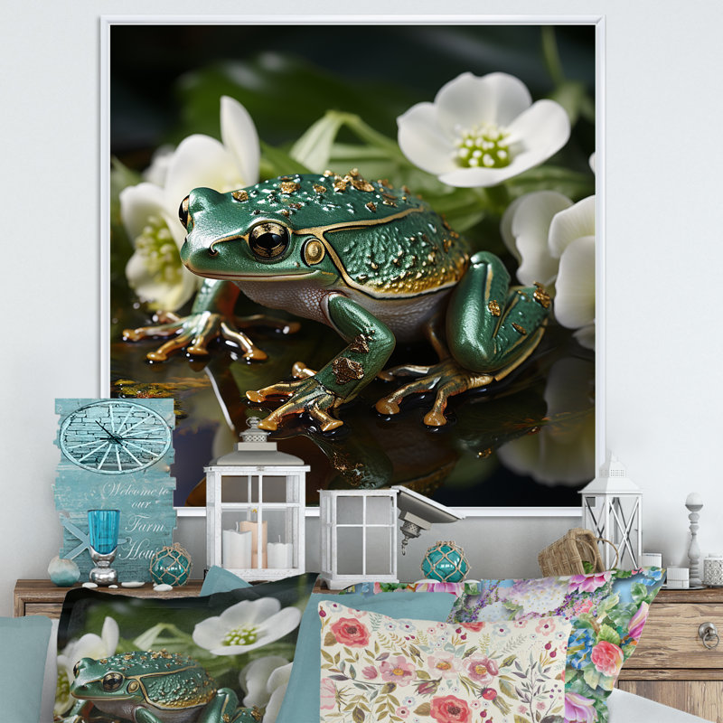 Grenouille verte sur verre, impression sur toile, H 16 po x l 16 po x P 1 po, Cadre flottant blanc